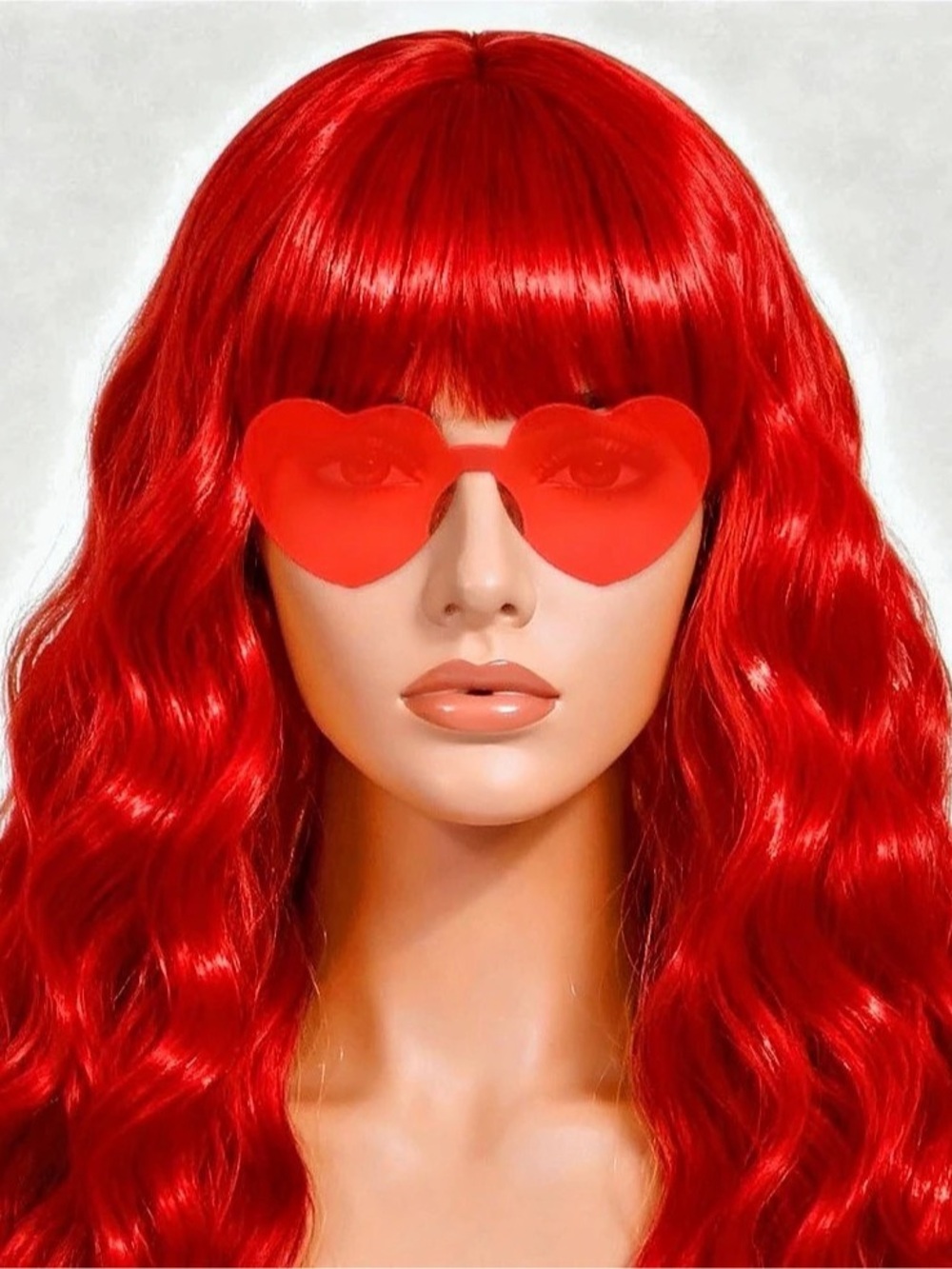 NWT Neon Red Long Curly Wig with Bangs with Heart Sunglasses